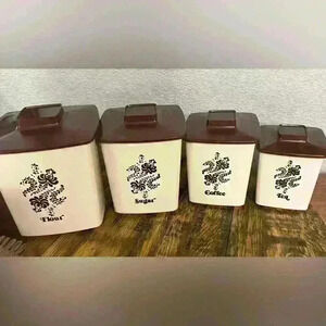 Vtg 4 Piece Kitchen Canister Set Plastic Square Nesting Beige Brown MCM Kitschy